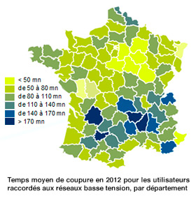 Carte de France des coupures d'électricité en 2012